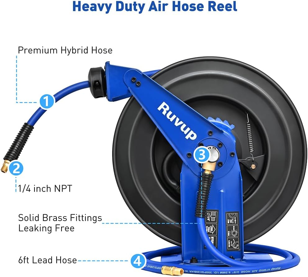 Ruvup Air Hose Reel 3/8"x75ft Auto Retractable Air Compressor Tool HoseReel