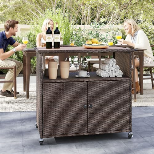 HAPPYGRILL Outdoor Storage Cabinet with Wheels, PE Rattan Patio Buffet Sidebo...