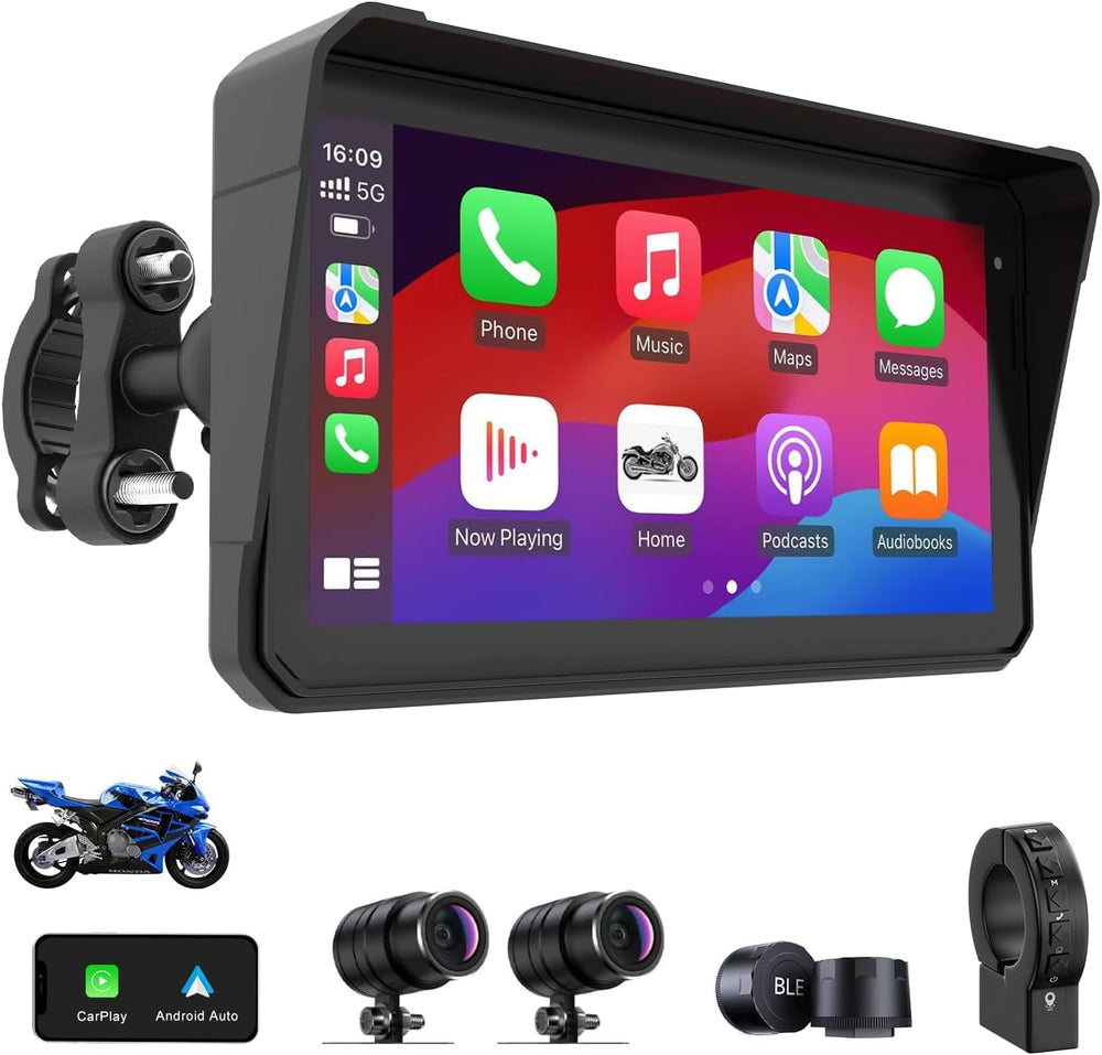 2K Motorcycle Dash Cam Front and Rear, 6" Carplay & Android Auto Screen