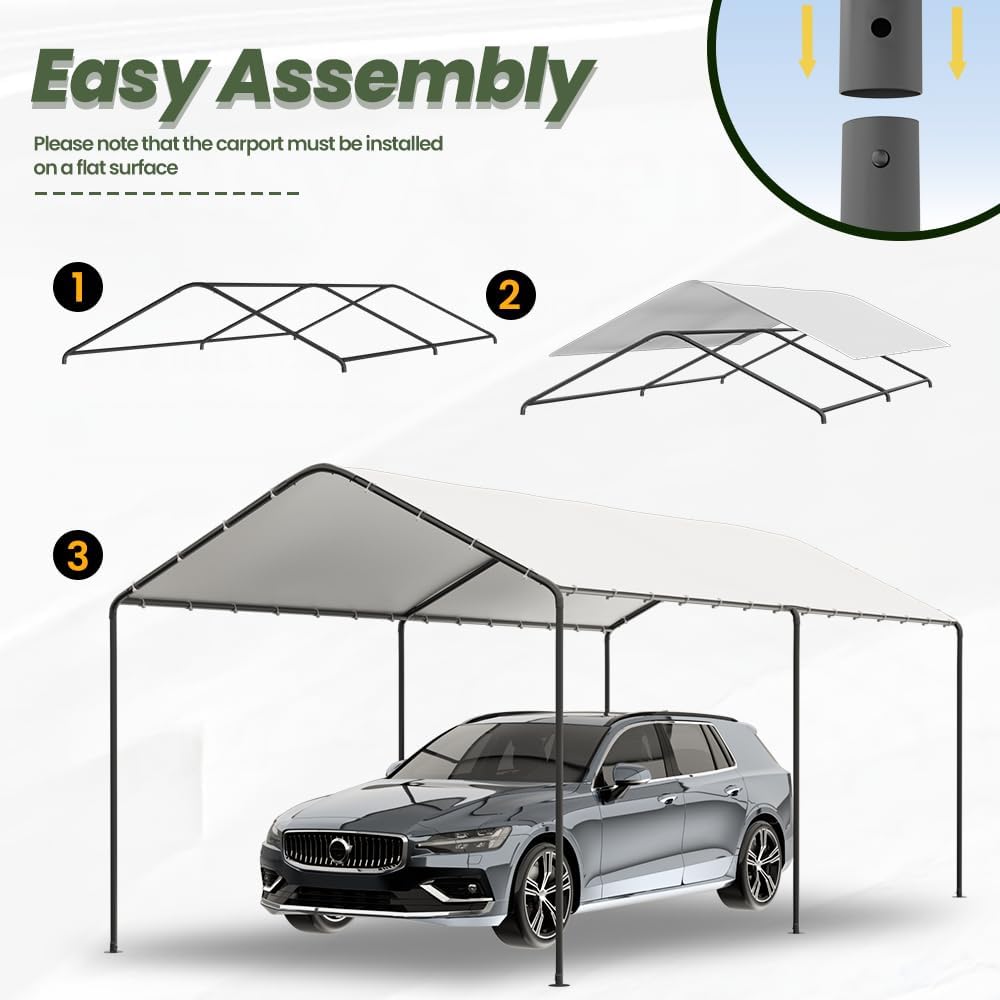 Carport, 10‘ x 20’ Garage Car Canopy w/Water-Resistant Top Cover, White
