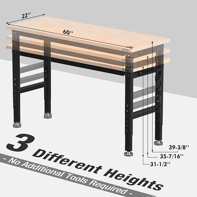WORKPRO 60" Adjustable Workbench, Rubber Wood Top Heavy-Duty Workstation