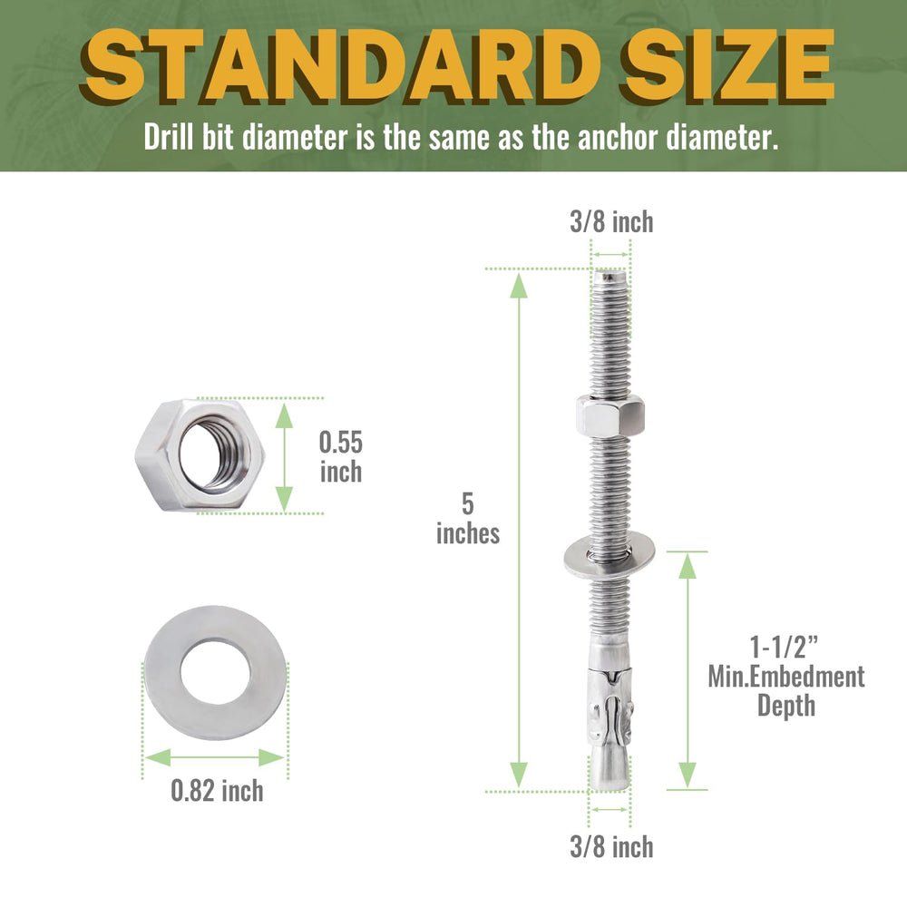 LIONMAX Stainless Steel Concrete Anchors, 3/8" x 5" Wedge Anchors, ...