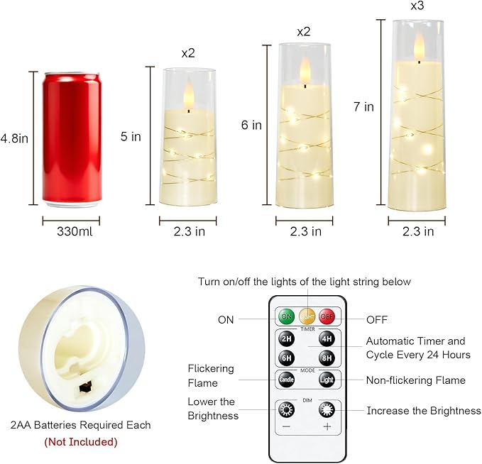 Raycare Flameless Candle with Remote Timer, 7 Flickering Acrylic Battery Oper...