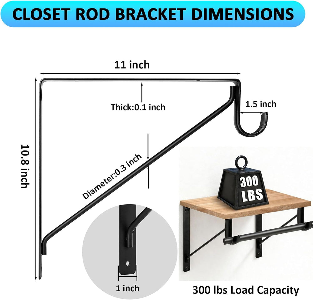 6PACK Closet Shelf Rod Bracket 11"x11", Heavy Duty Closet Rod Support