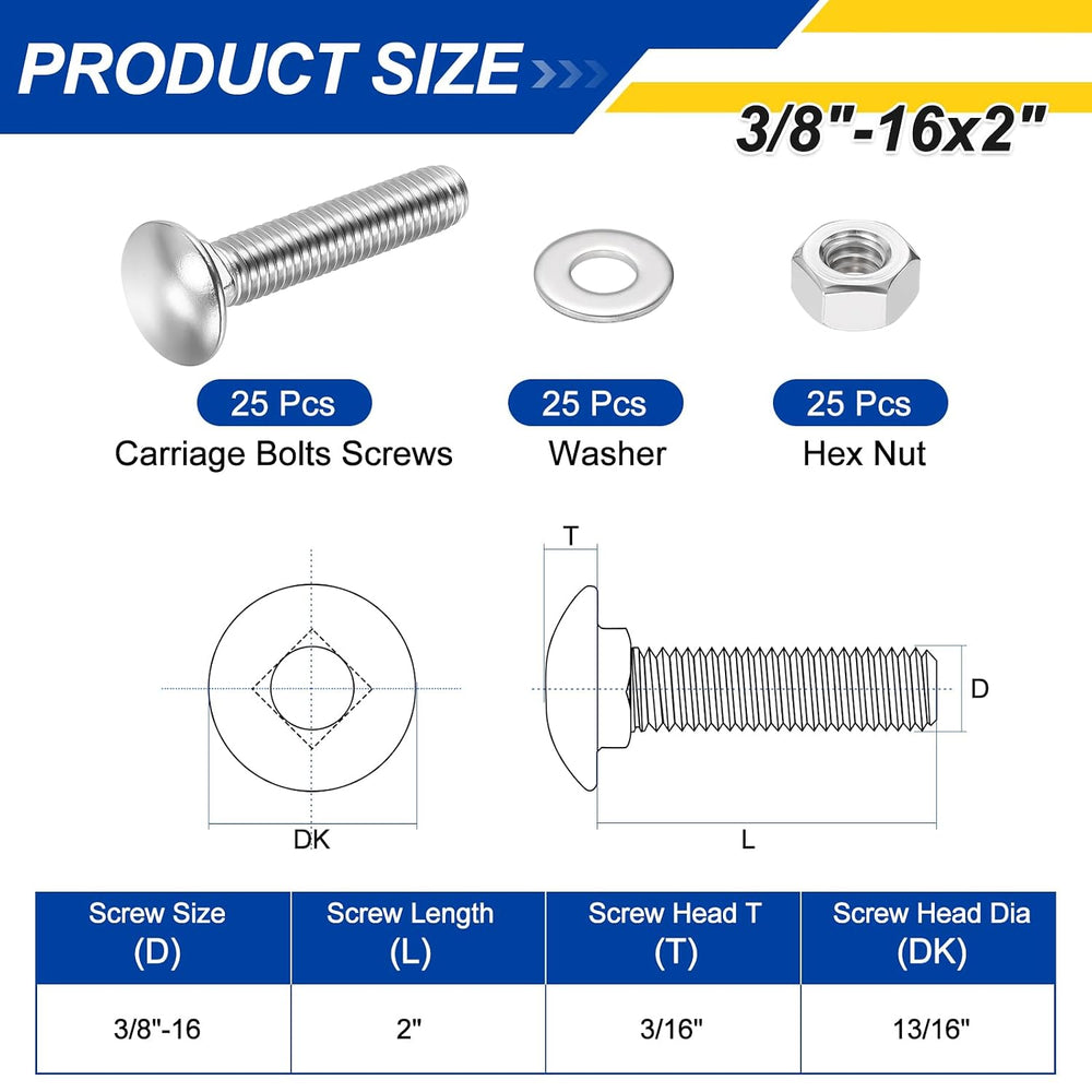 25Pcs 3/8"-16x2 Carriage Round Head Square Neck Bolt 304SS