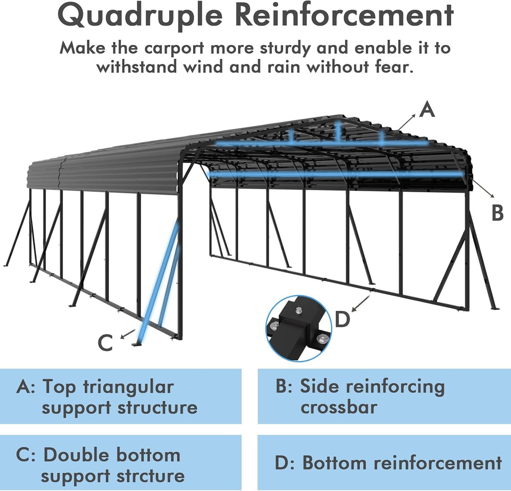 20x30 FT Metal Carport with Extra 8 Side Reinforcement Support Rods