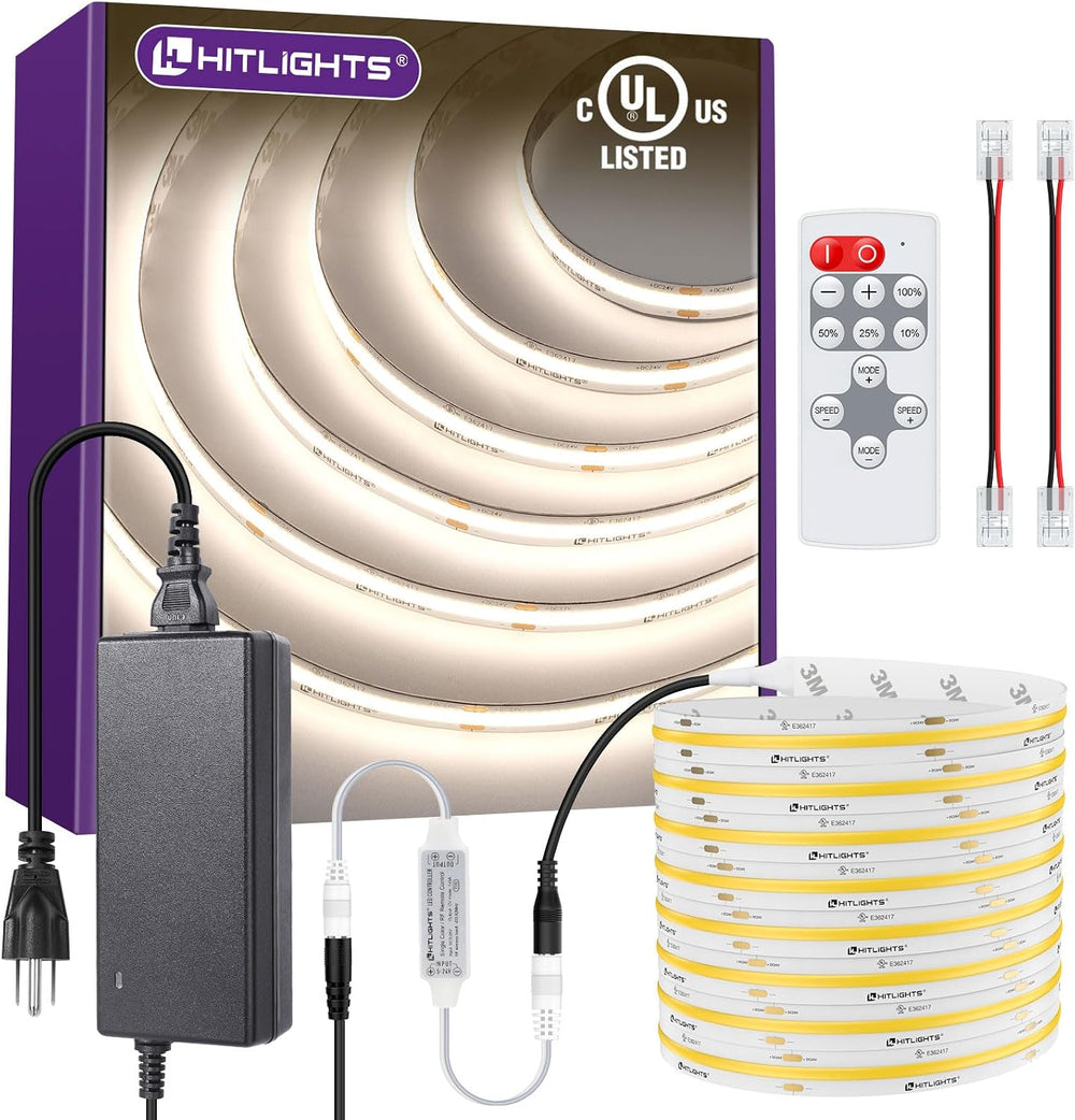 HitLights COB LED Strip Lights Kit White 4000K with Remote, 16.4ft 24V Tape