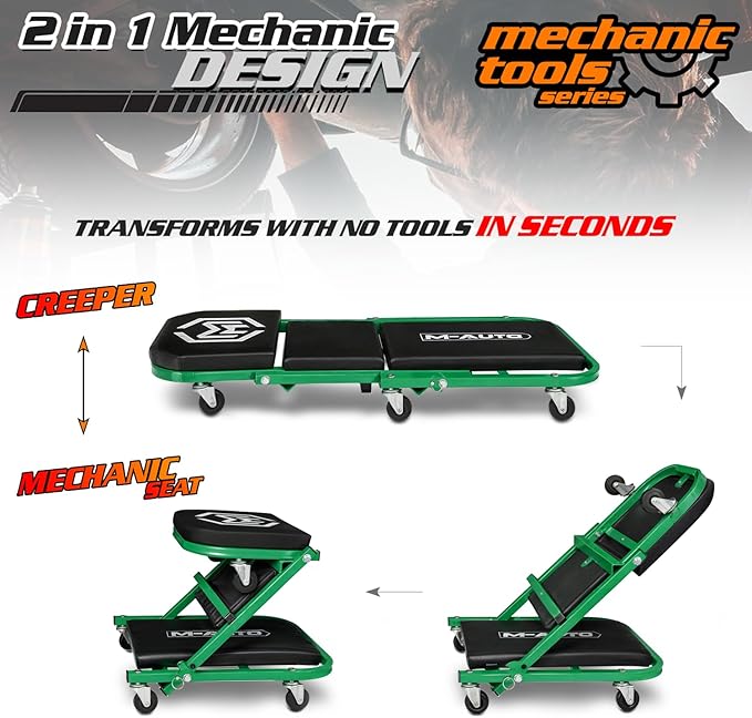 M-AUTO Foldable Z Creeper 2-in-1 Rolling Folding Car Creeper & Seat, 330LBS