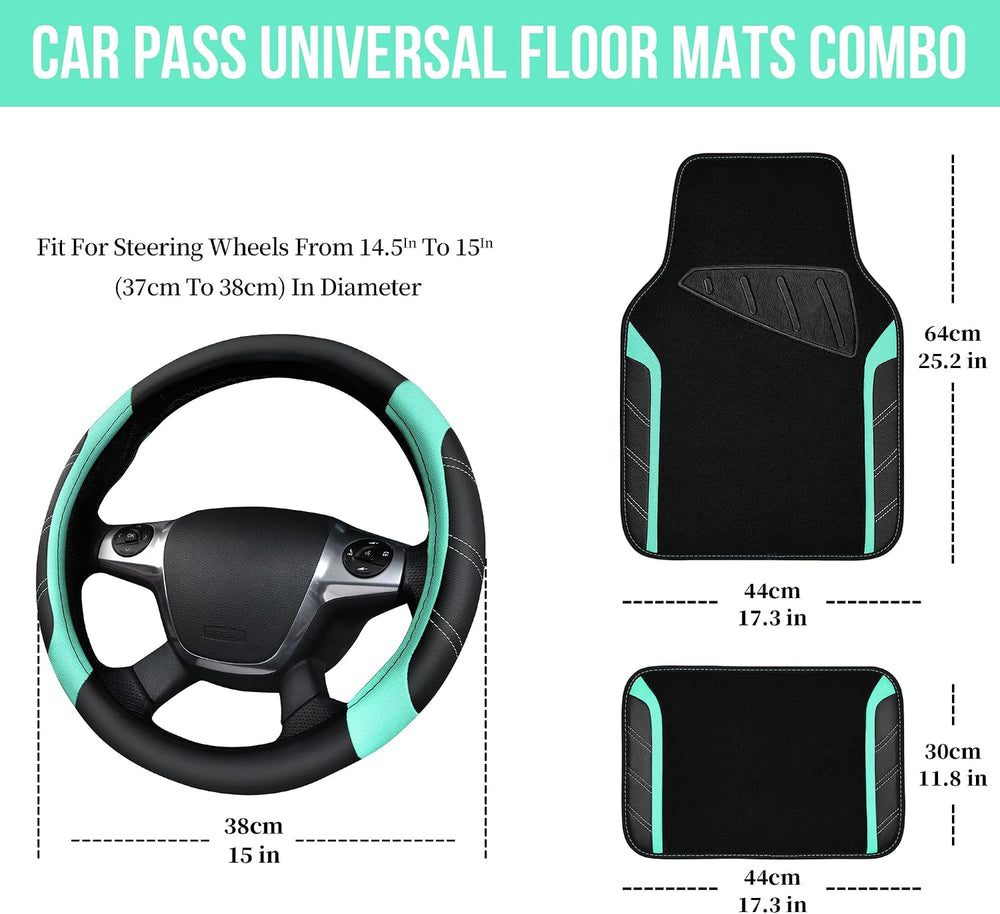 CAR PASS Leather Steering Wheel Cover and Waterproof Car Floor Mats,Microfibe...