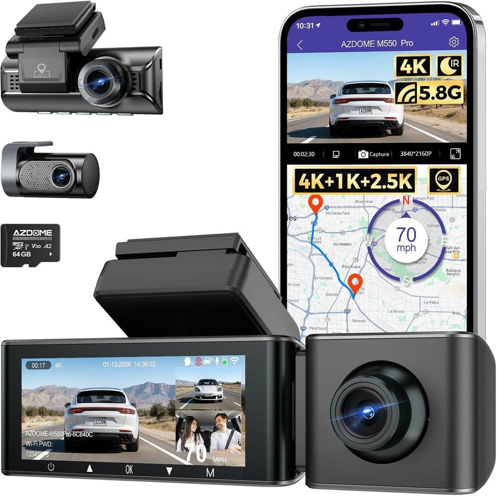 AZDOME 3 Channel Dash Cam Front and Rear Inside, 4K+1080P+2.5K ADAS Dash Cam,...