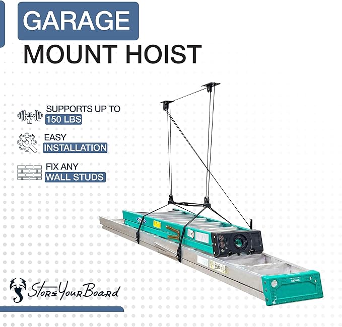 StoreYourBoard Ladder Storage Ceiling Pulley System, Garage Mount Hoist