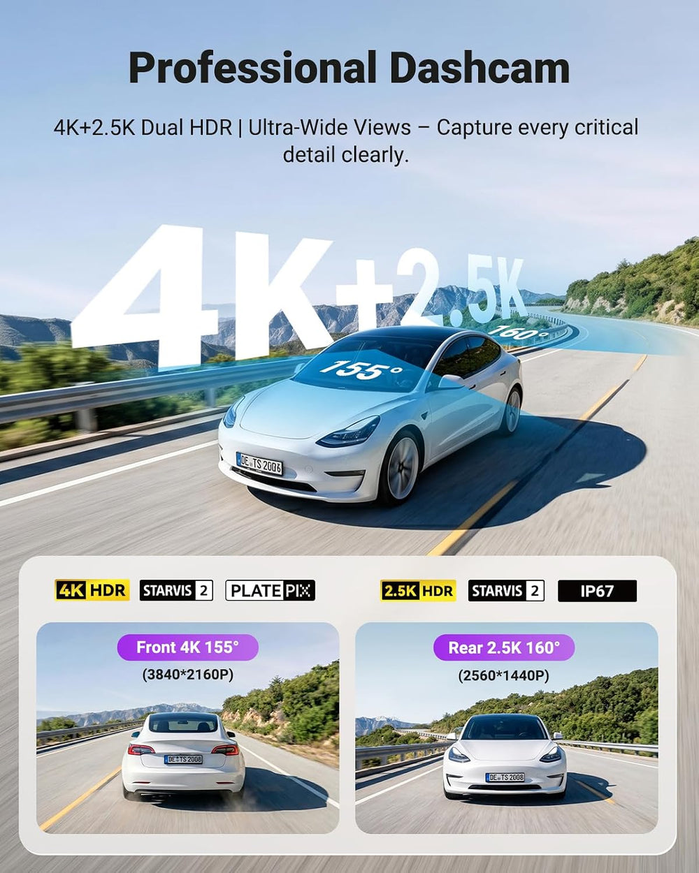 Vantrue S1 Pro Max 4K+2.5K Dash Cam Front and Rear
