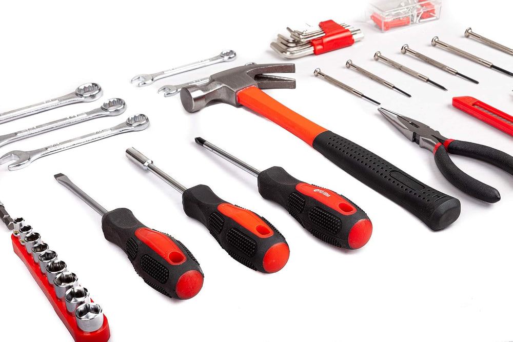 CARTMAN 148-Piece Household Tool Set, Red Tool Kit with Plastic Toolbox