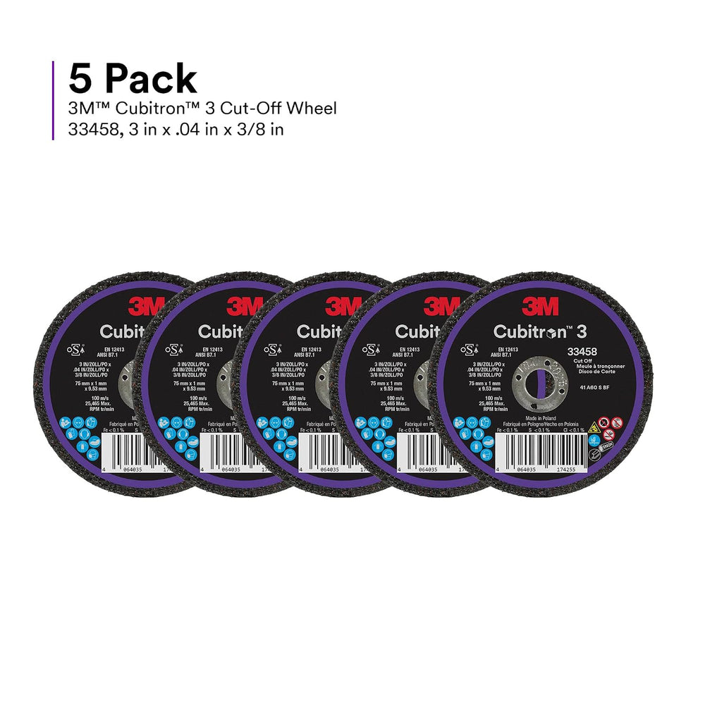 3M Cubitron 3 Cut-Off Wheel 33458, 3 in x 0.04 in x 3/8 in, Long Lasting Perf...