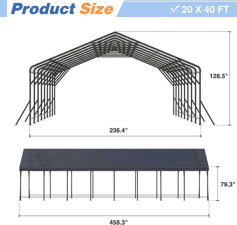 20x40 FT Metal Carport Canopy with Reinforced Base