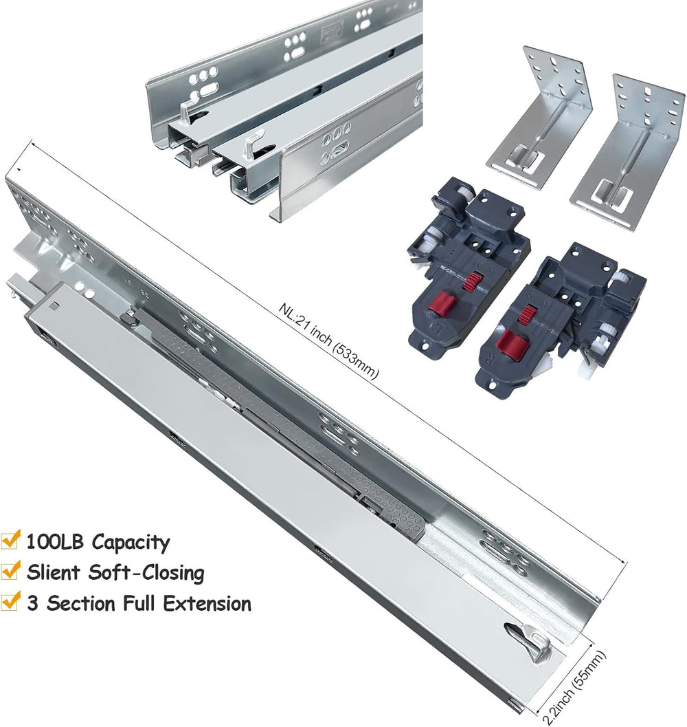 21 Inch Undermount Soft Close Drawer Slides Full Extension Concealed Bottom M...