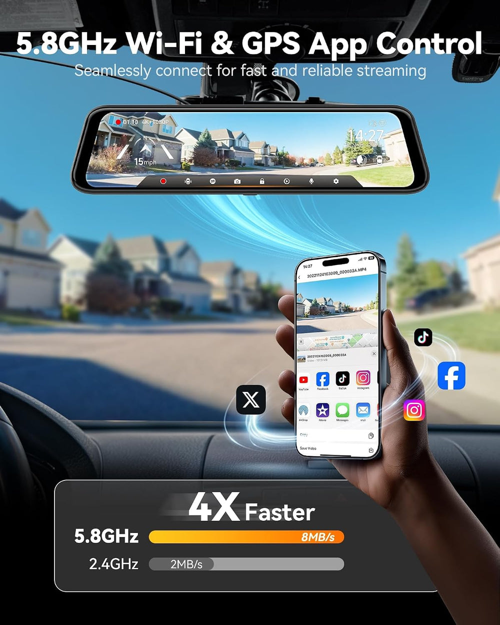 WOLFBOX G850 PRO 4K Mirror Dash Cam with ADAS and BSD,64GB Card,5.8GHz WiFi