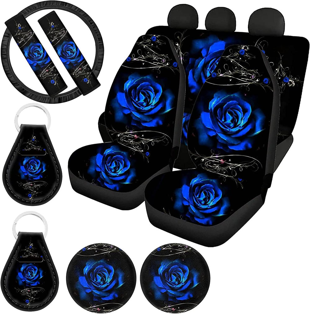 Biyejit Blue Rose Print Car Seat Covers and Steering Wheel Cover Full Set for...