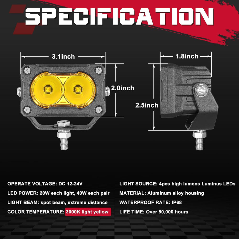 OFFROADTOWN LED Pods Yellow 3'' 40W Spot CREE LED Ditch Driving Fog L...