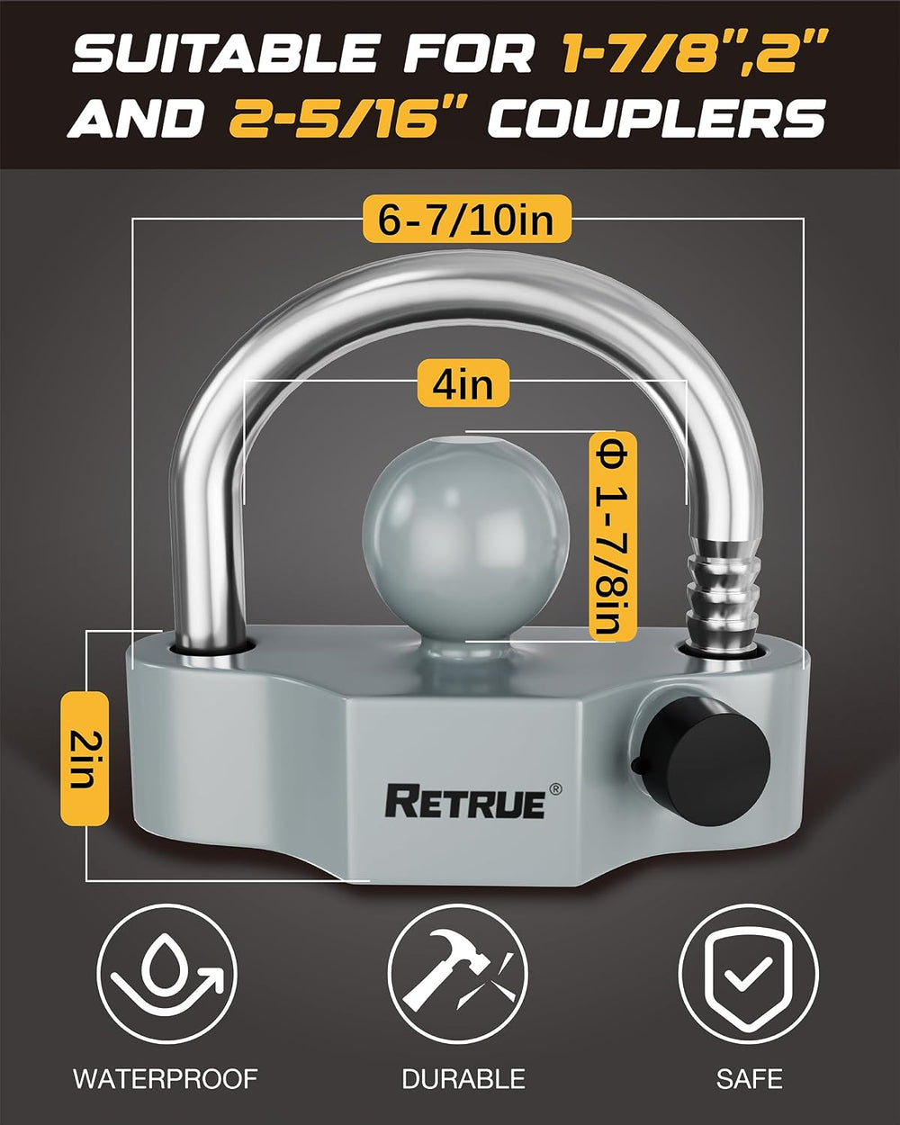 RETRUE Heavy-Duty Universal Coupler Lock Trailer Locks Ball Hitch Trailer Hit...