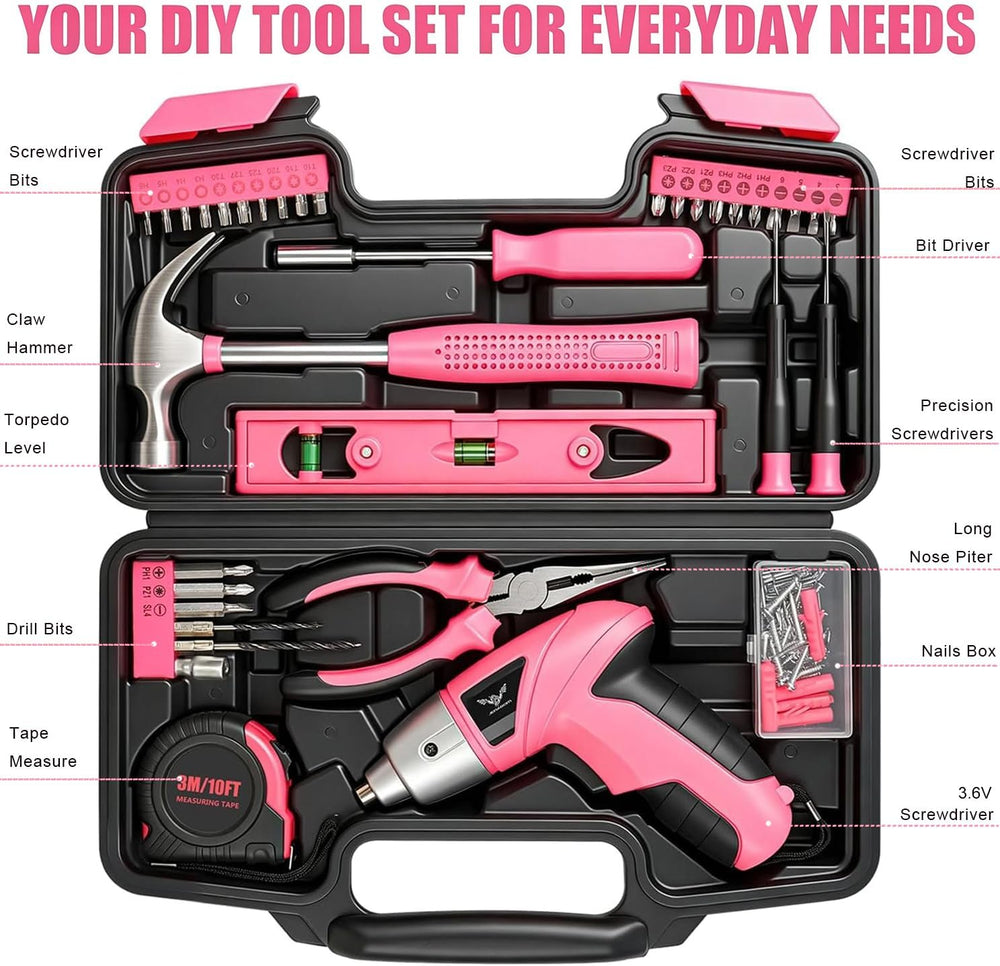 Pink 3.6V USB Cordless Electric Screwdriver & Household Tool Kit