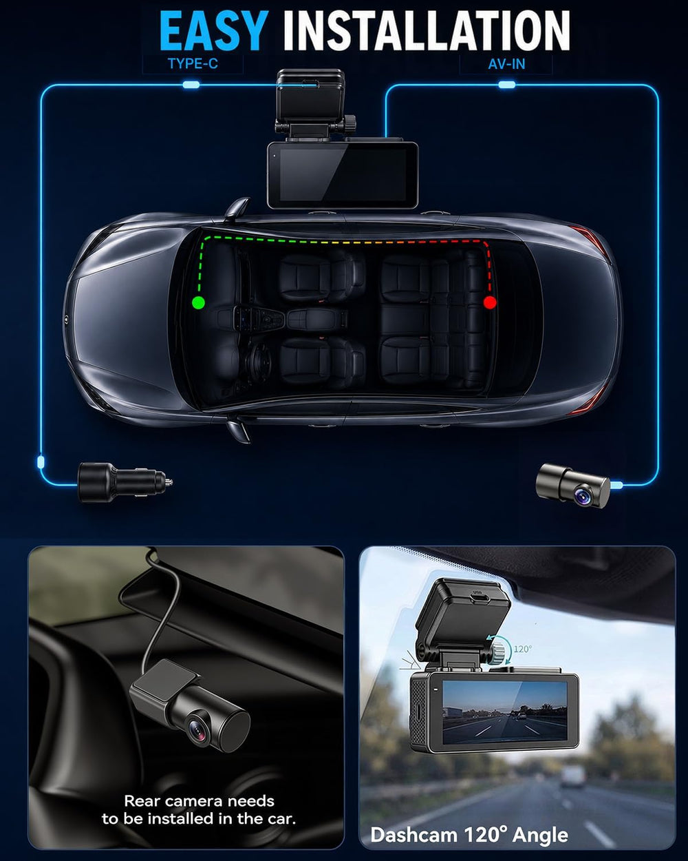 4K+2.5K Dash cam Front and Rear,5GHz WiFi 20MB/s,4K Dash cam with 32GB Card