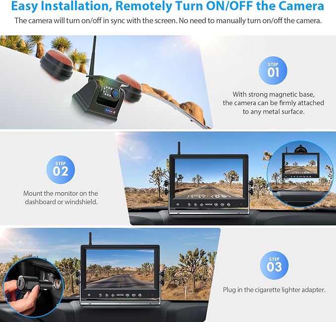 4 Magnetic Solar Wireless Backup Camera HD1080P 9" Loop Recording Monitor