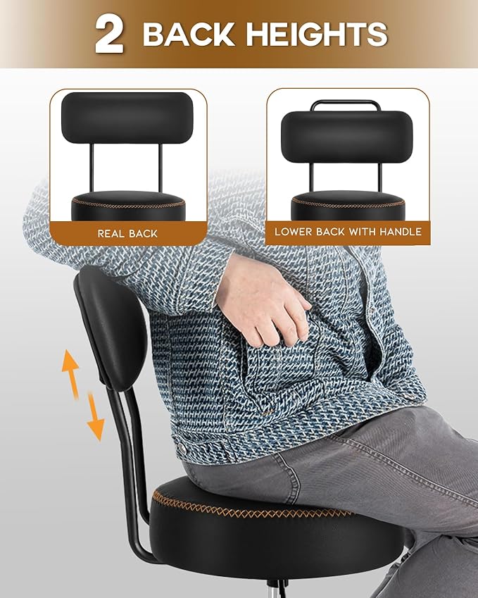 Shop Stool with Lockable Rubber Wheels Adjustable Backrest Tool Tray Storage