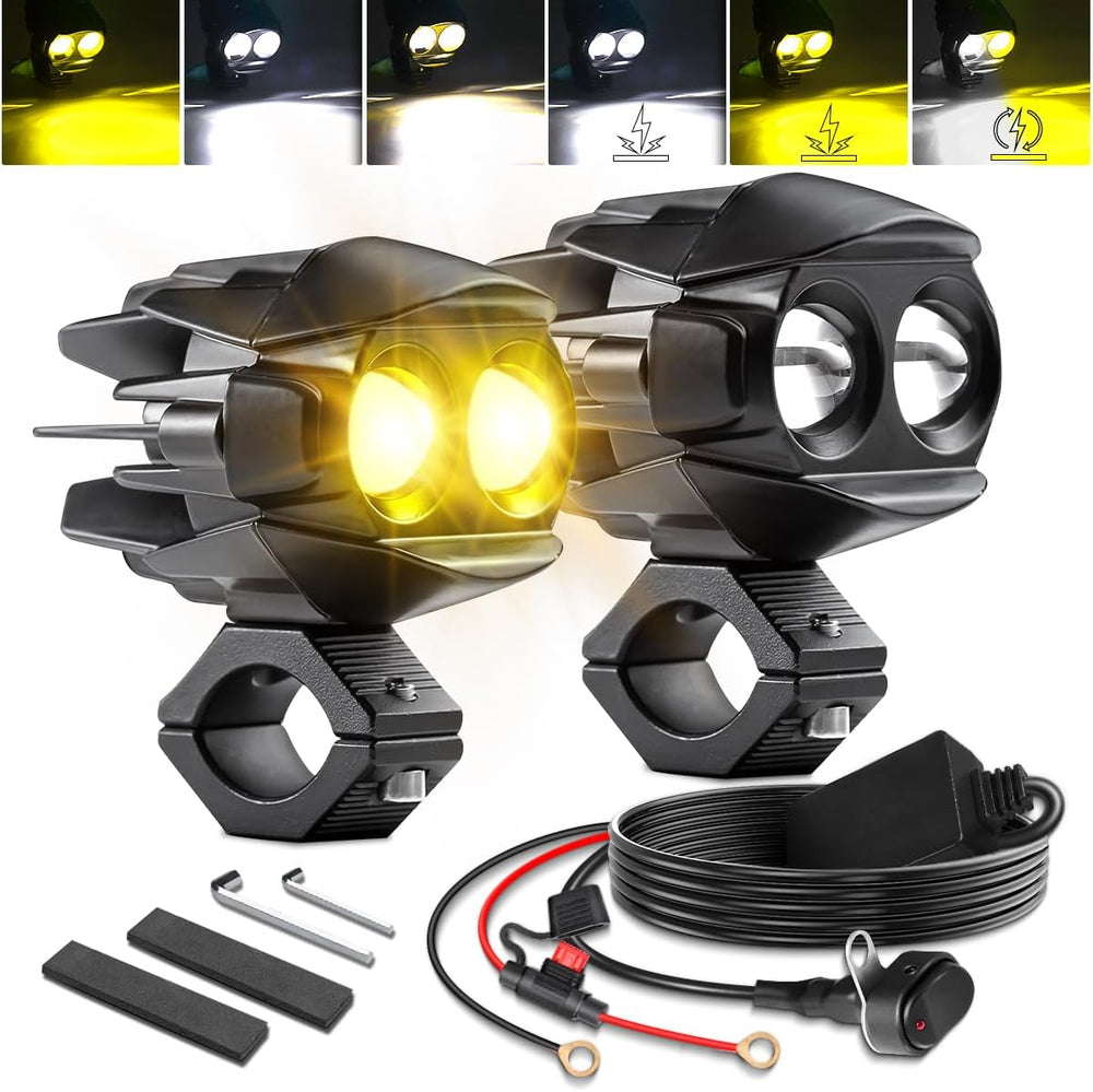 D7 Motorcycle Driving Fog Lights LED Kit Amber White 6 Modes Strobe | Auxilia...