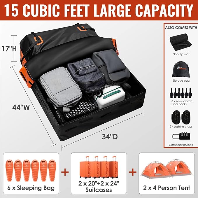 Car Rooftop Cargo Carrier Bag, 15 Cubic Feet Waterproof Heavy Duty 840D Car