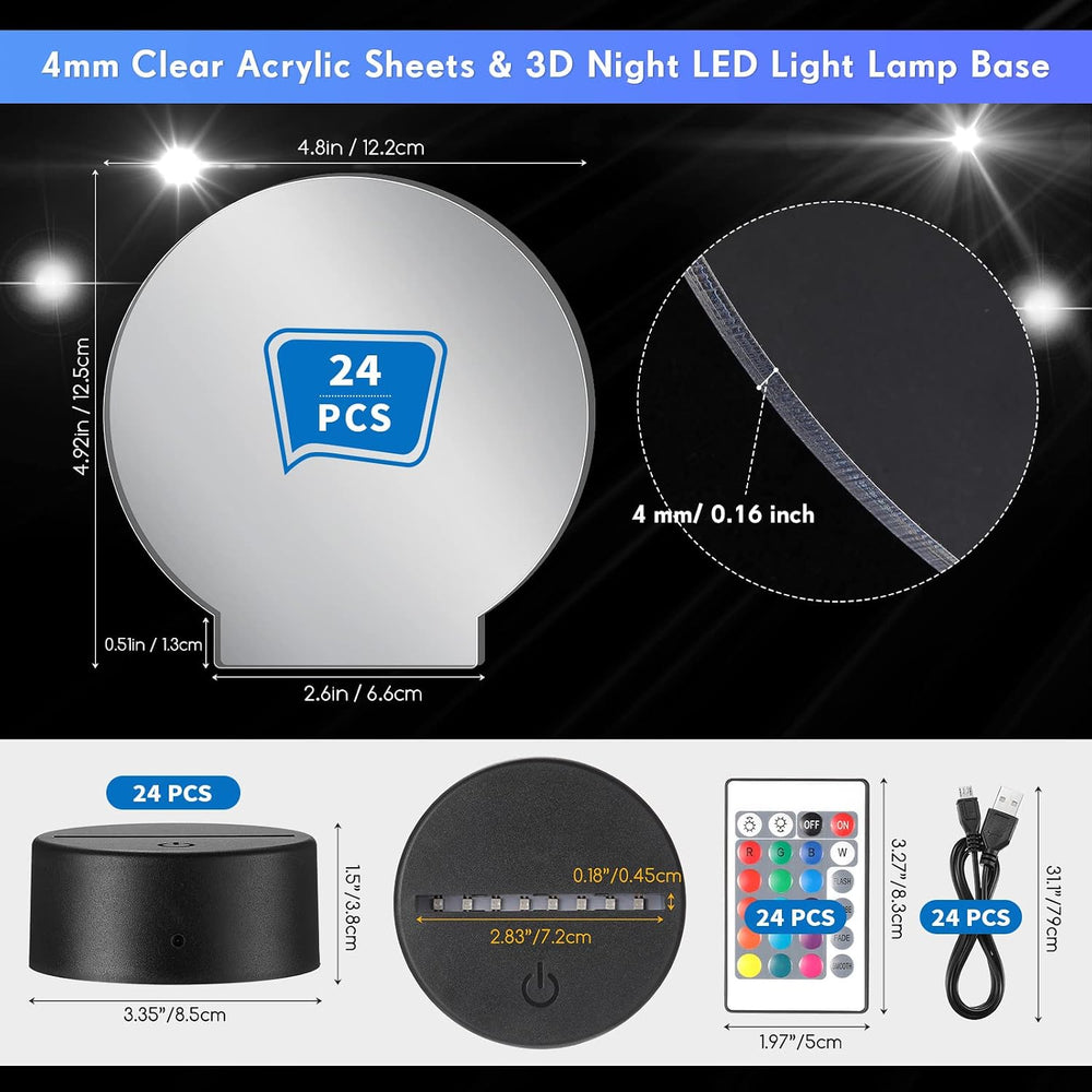 24 Sets 3D Acrylic LED Kits 16 Color Light Base with Remote, Round