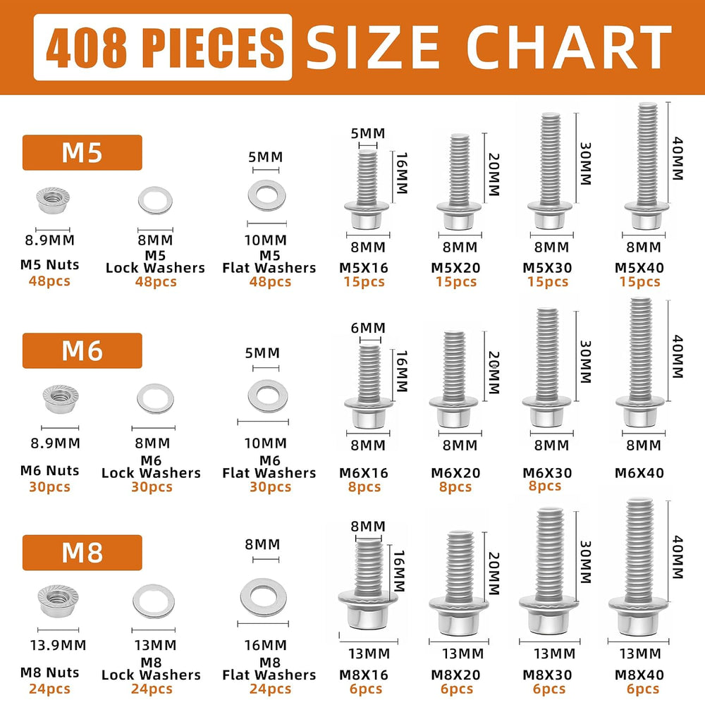 304 Stainless Steel (A2-70) Metric Bolt & Nut Assortment Kit - 408pcs M5/...