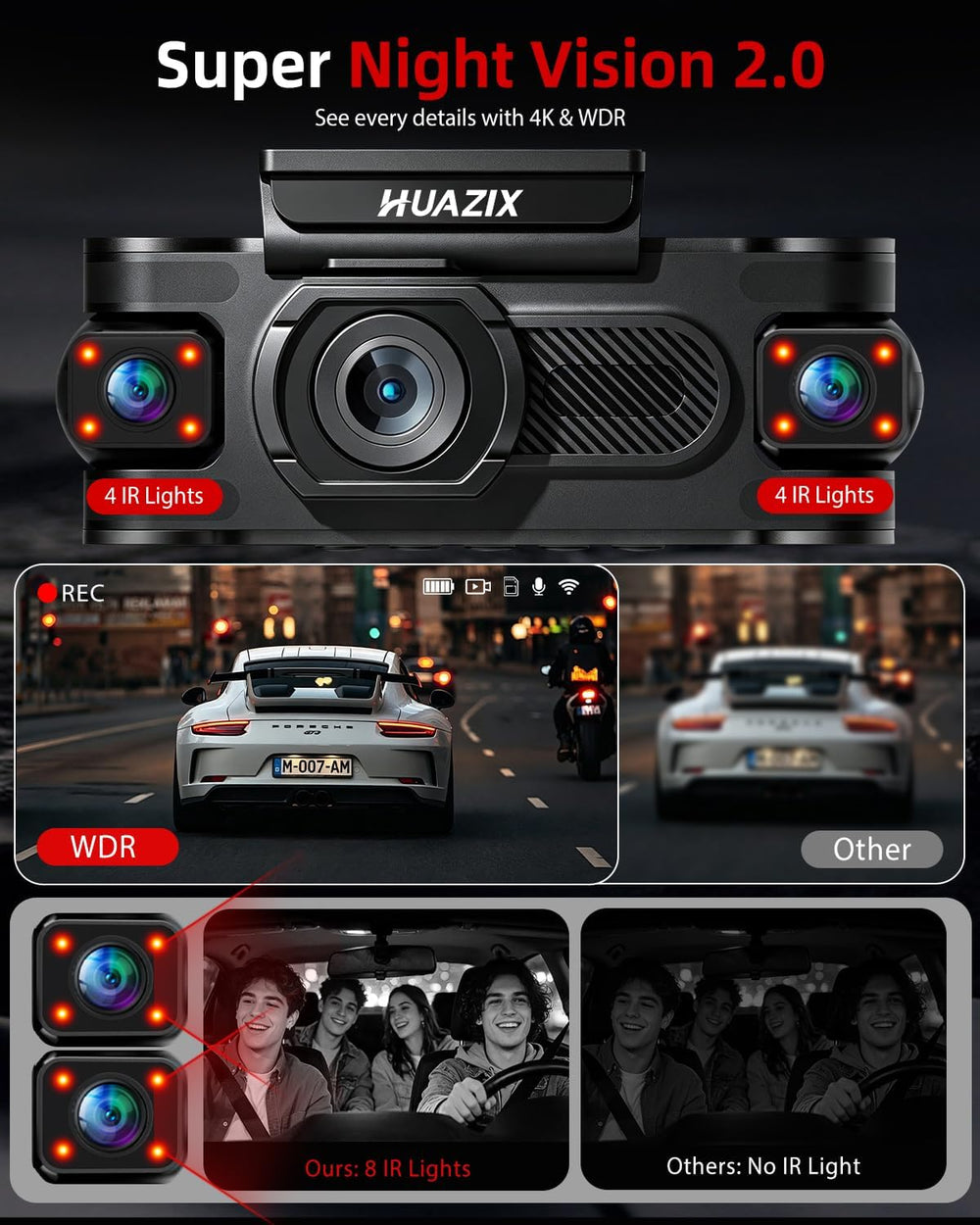 4K Dash Cam for Cars, 4 Channel 360° View Car Camera, Black