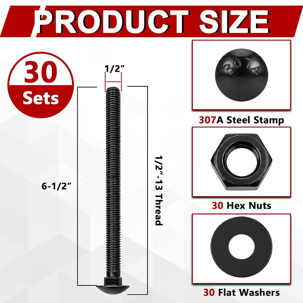 Therwen 30 Pack 1/2" X 6-1/2" Black Ceramic Carriage Bolts, 307A Grade