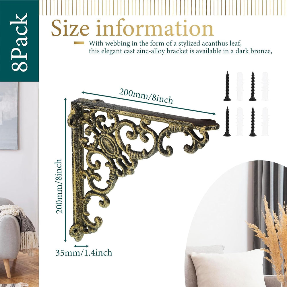 Lounsweer 4 Pcs Shelf Brackets, 8 Inch Antique Brass Wall Mounted,Classic
