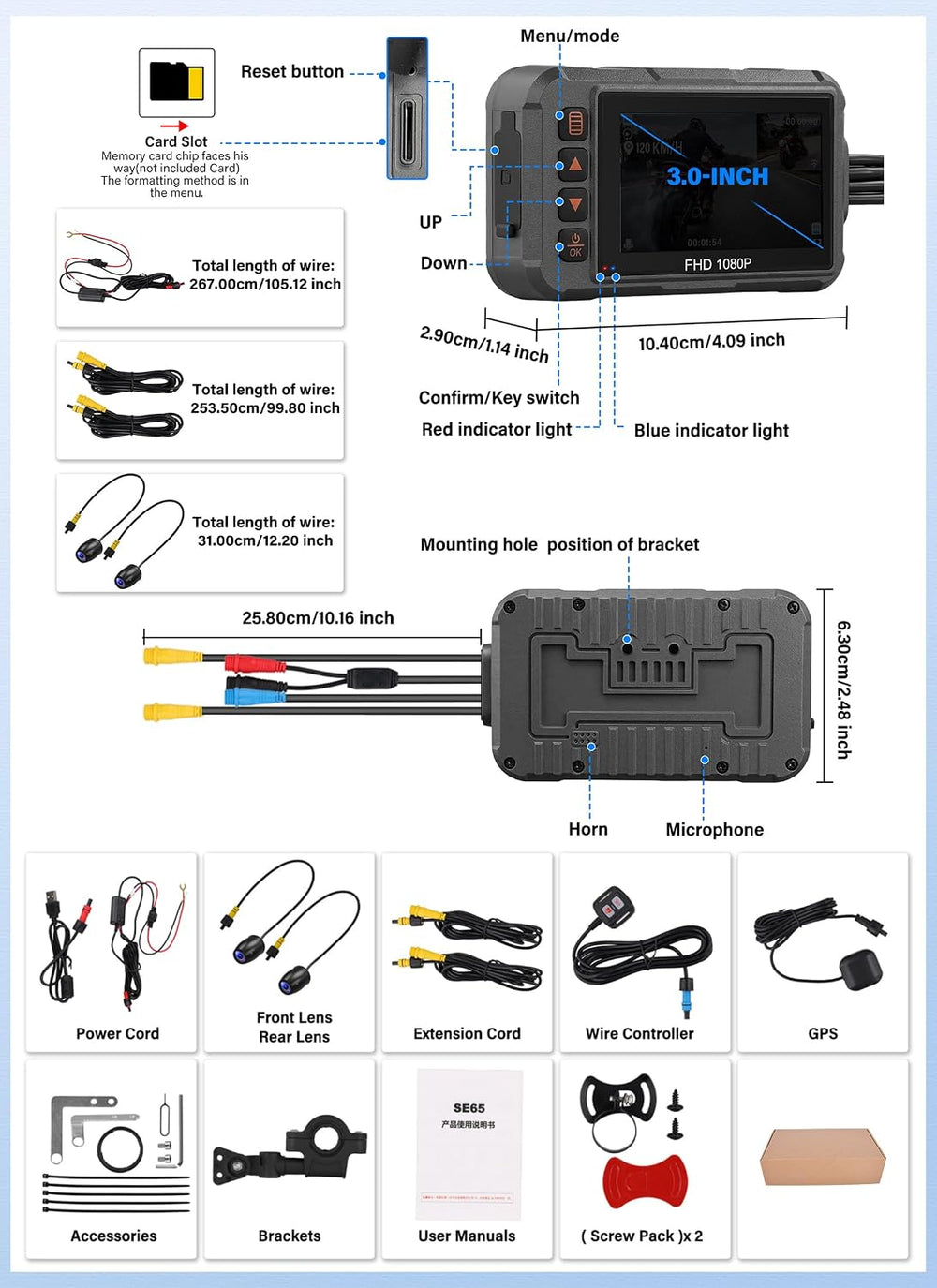 Motorcycle Dash Cam Dual HD Camera Front and Rear View 3" IPS Screen 1080P
