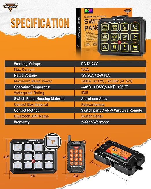 Auxbeam RGB 12 Gang Bluetooth Switch Panel AC-1200 w/165FT Long Range 433MHz