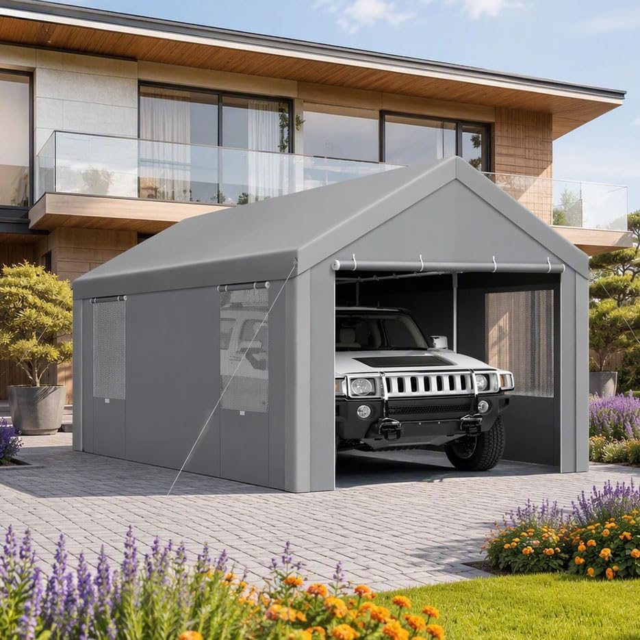 10x20 FT Heavy Duty Carport with Galvanized Frame,Gray