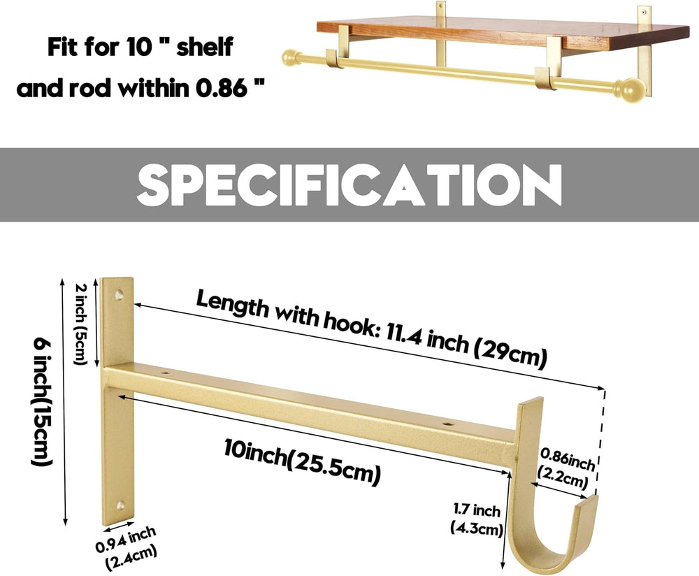 AddGrace Closet Rod Bracket Heavy Duty Shelf Brackets Gold 10 Inch 4 Pack
