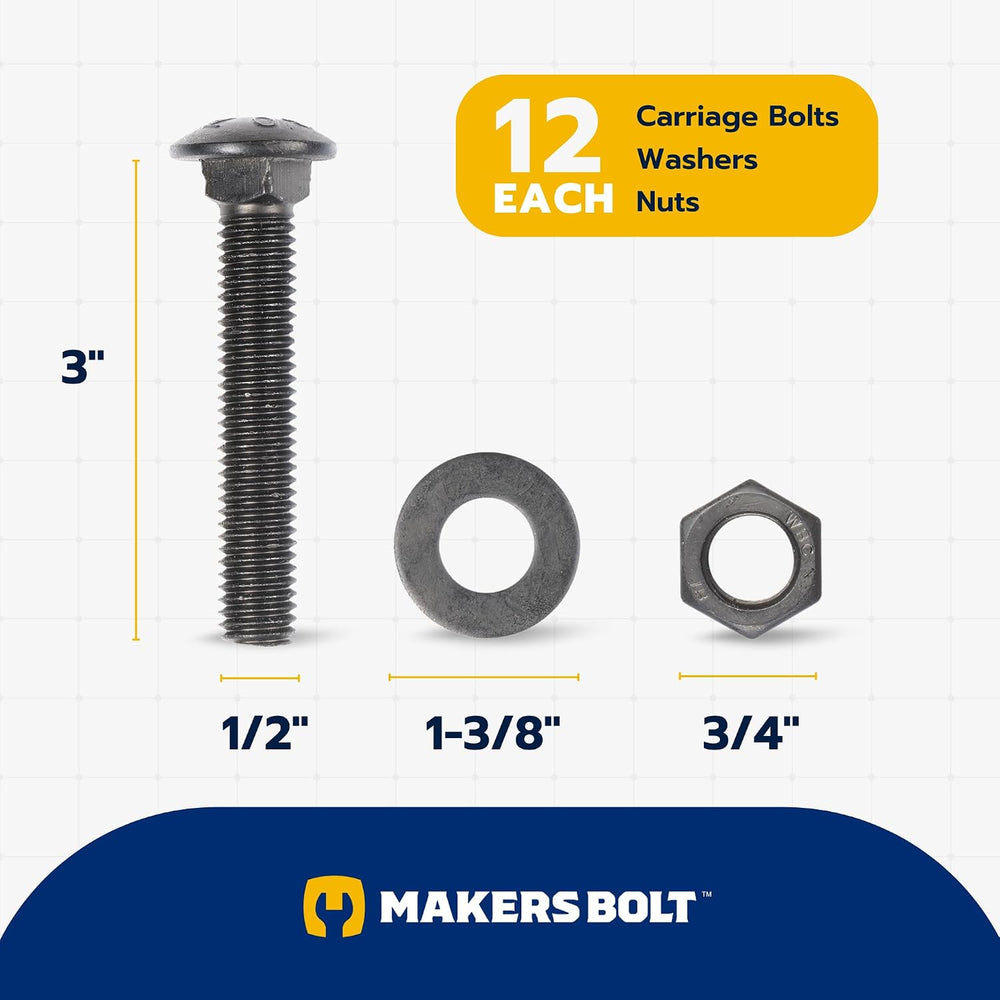 1/2 in. x 3 in. Black Carriage Bolt Kit Includes 12 Bolts, 12 Washers, and 12...