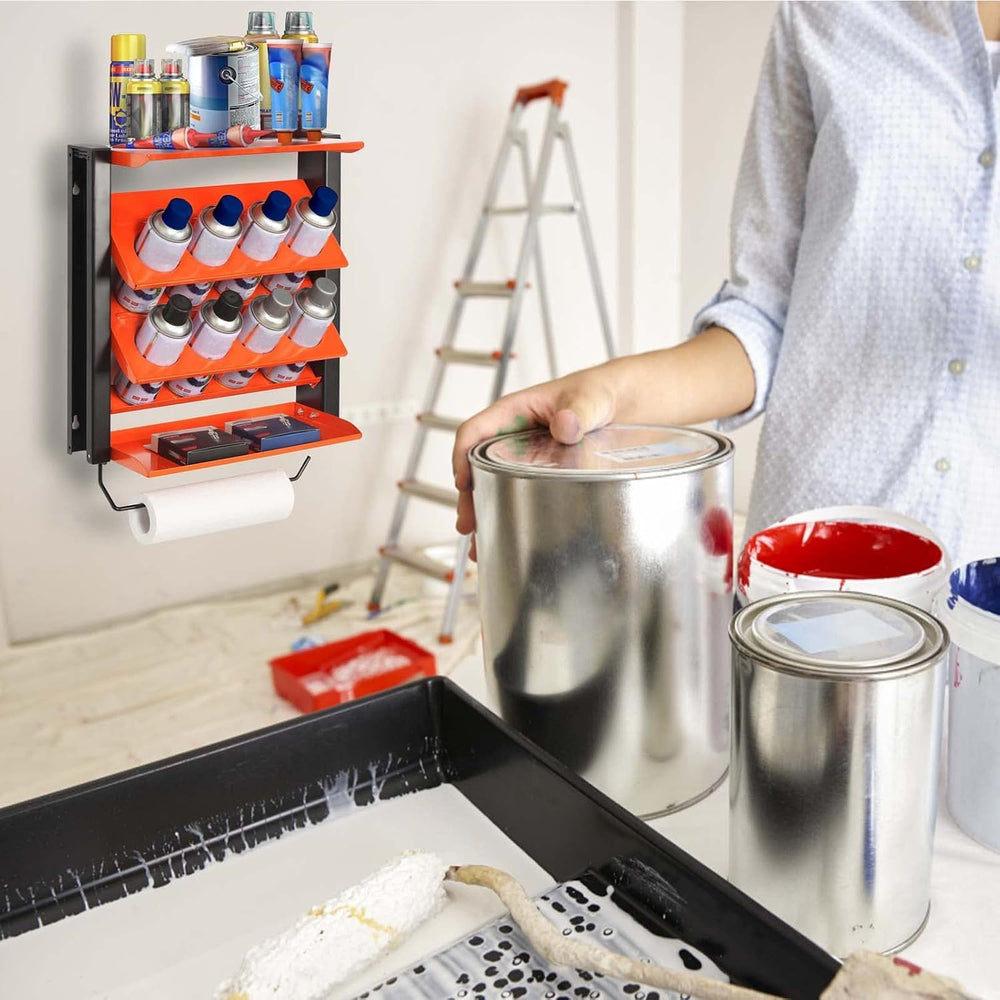 Spray Can Holder, Wall Mount Paint Bottle Organizer 8 Holes & 2 Shelves