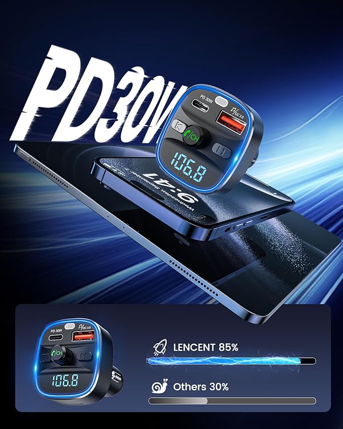 LENCENT Bluetooth 5.4 FM Transmitter Car Adapter 48W Wireless Radio Music