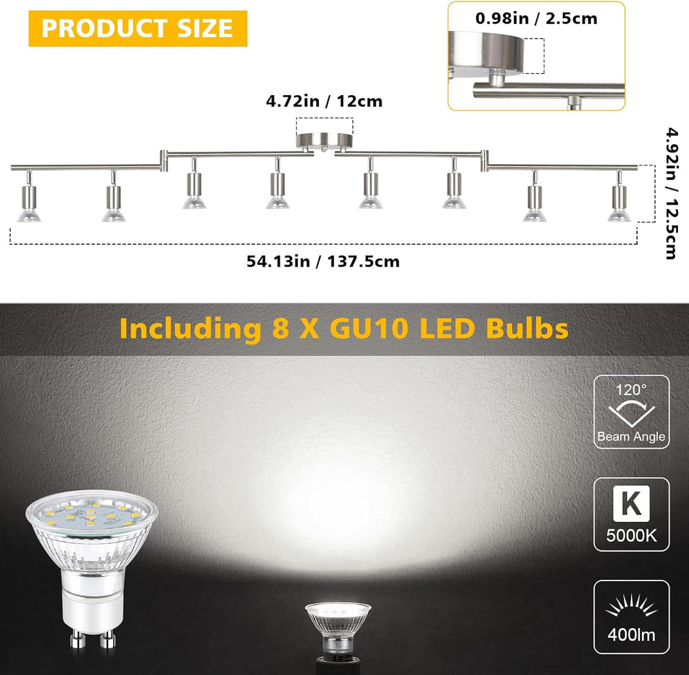 Unicozin LED Track Lighting Kit, 54.13'' Matt Nickel 8 Way Ceiling Sp...