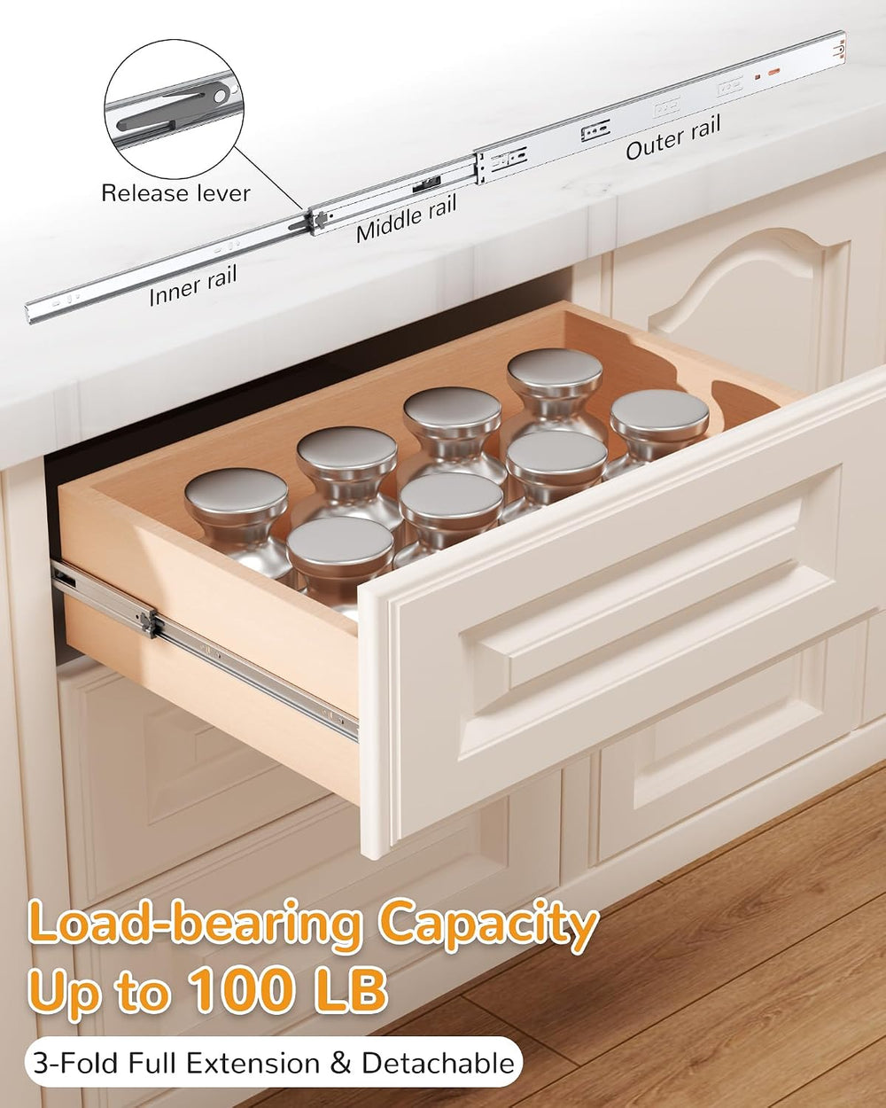Chibery 24" Side Mount Soft Close Drawer Slides, Full Extension, 10 Pairs
