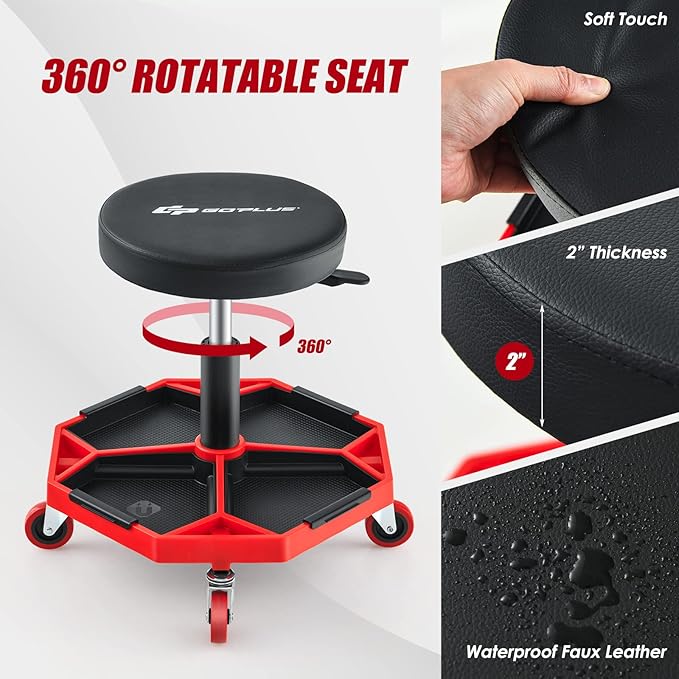 Goplus Garage Stool, 16”-22” Adjustable Rolling Mechanic Stool