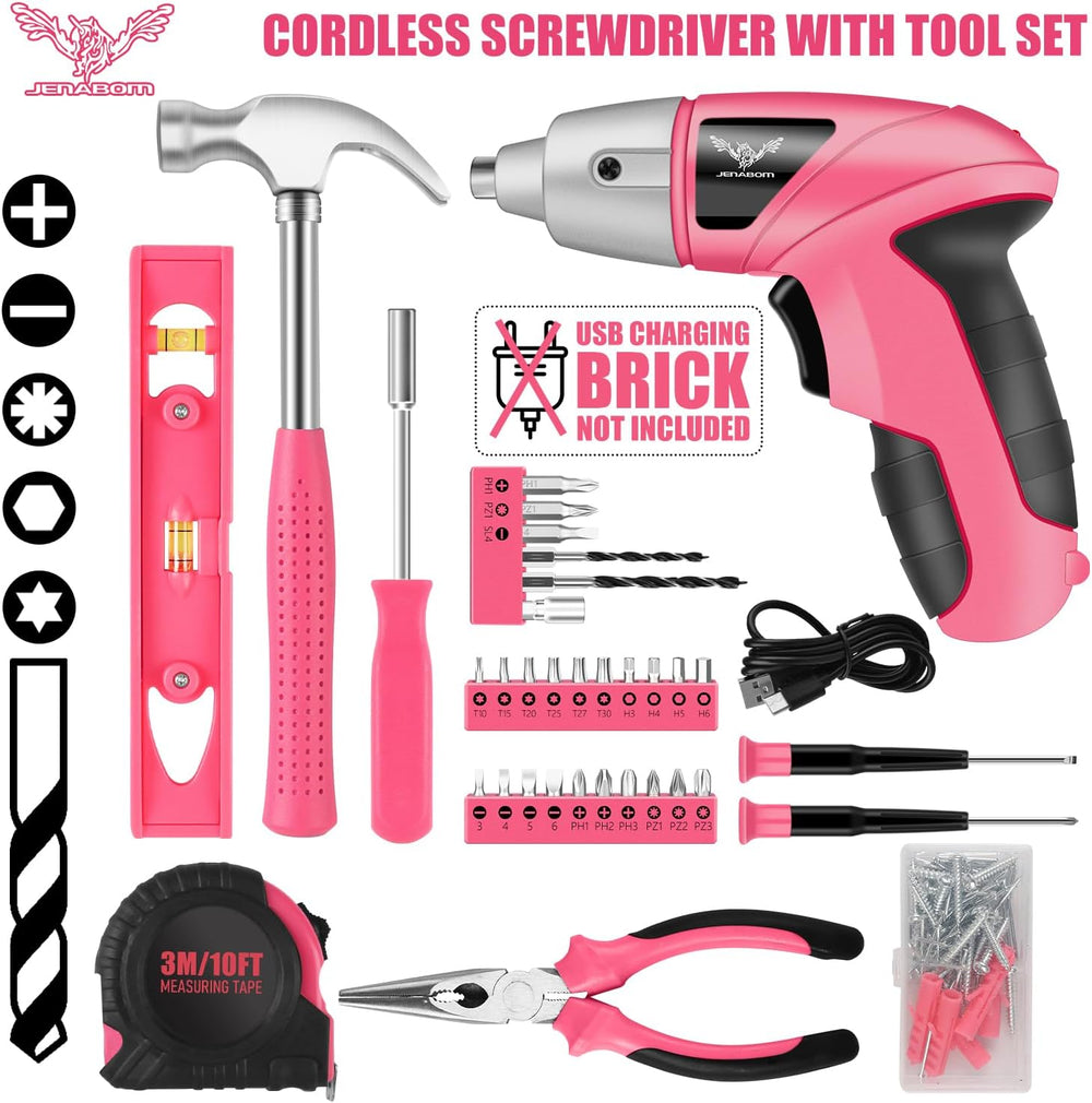 Pink 3.6V USB Cordless Electric Screwdriver & Household Tool Kit