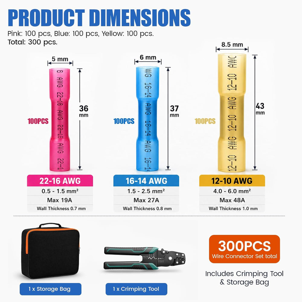 Heat Shrink Butt Connectors Kit 300 PCS, Waterproof Wire Connectors