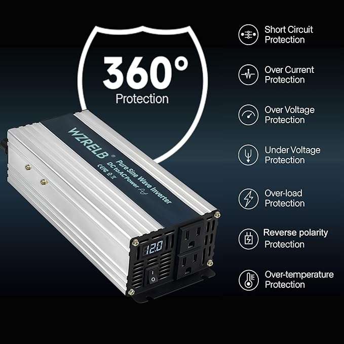 WZRELB 800W Pure Sine Wave Inverter 12V DC to 110V 120V AC Power Converter
