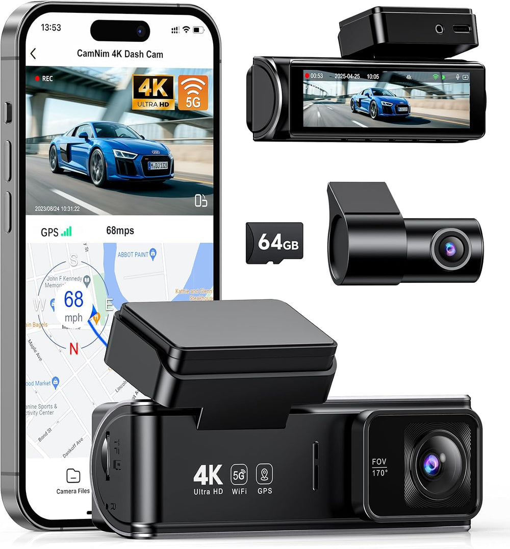 4K+1080P Dash Cam Front and Rear, 5GHz WiFi, GPS, 64GB Card Included
