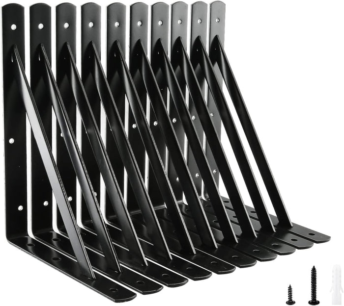 Heavy Duty Shelf Brackets, 12 x 8 Inch Black Metal L Brackets, 10 Pack